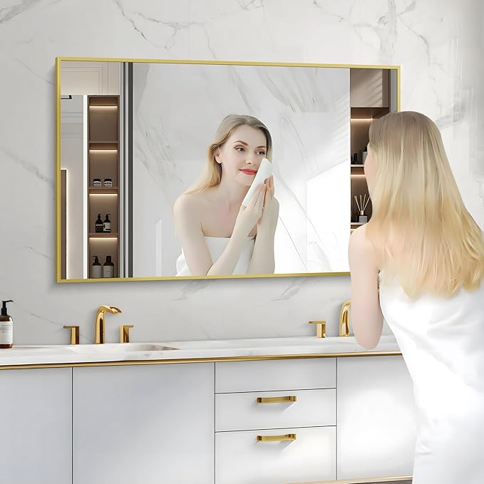 Gold Bathroom Mirror for Wall, 30x48 Inch Rectangle Mirrors with Metal Frame, Modern Vanity Wall Mirror Decor for Bathroom Living Room, Entryway Hangs Horizontal or Vertical