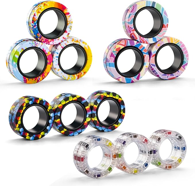 12Pcs Magnetic Adults Fidget Toys Rings,Stocking Stuffers for Kids 8-12,Fidget Spinner Rings for Anxiety Relief Therapy ,Party Favors Gifts for Teen Boy and Girl