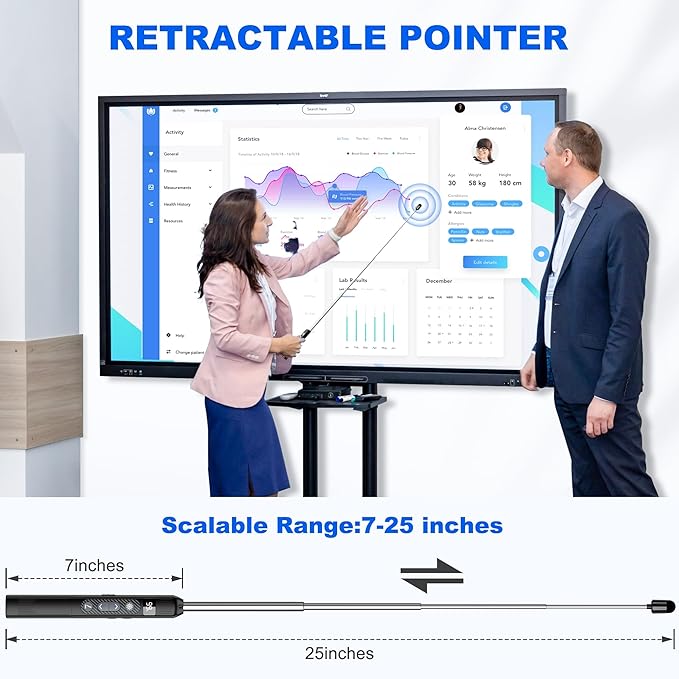 Wireless Presentation Clicker with Telescopic Pointer Stick,Rechargeable Presenter Remote Light Pointer with Touch Screen Stylus Pen and Digital Display,USB Slide Clicker for PowerPoint MAC PC Laptops