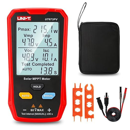 UNI-T UT673PV Solar Panel Tester, Solar MPPT Meter, 800W Photovoltaic Module Maximum Power Tester, Intelligent Manual/Auto MPPT Test, Large LCD and Multiple Result Displays