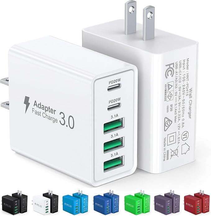 [2-Pack] USB C Wall Charger,60W 5-Port PD Fast USB C Charging Block,2USB C+3USB A Multiport Plug,Type C Power Adapter Brick Cube for iPhone 17/16/15/14/13/12/Pro Max/XS,iPad,for Switch,Samsung,Ultra 2