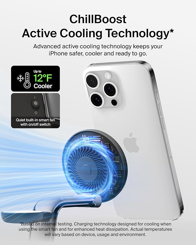 Belkin MagSafe Charger Compatible, 3-in-1 Charging Station, Qi2.2 25W w/Cooling Fan (On/Off Control) Magnetic Wireless Charger for iPhone 17, Apple Watch, AirPods, Pixel 10 (45W Adapter Included)