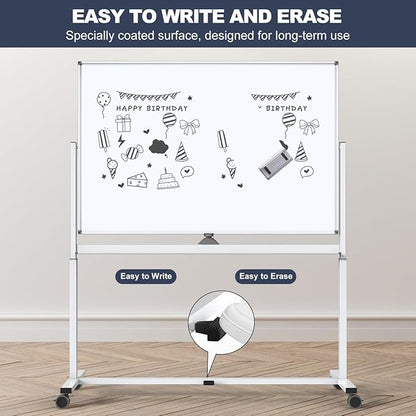 White Board on Wheels, 48 x 32 Inches Height-Adjustable Large Rolling Whiteboard, Mobile Magnetic Dry Erase Board with Stand, Double-Sided Standing Whiteboard for Office, Home, Classroom, School