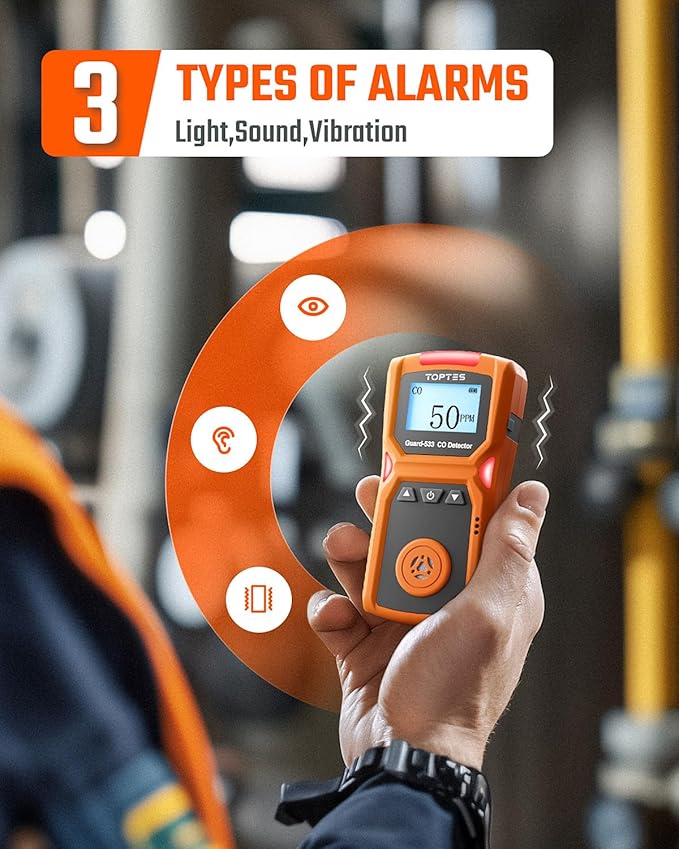 TopTes Guard-533 Portable Carbon Monoxide Detector, CO Detector with Visual, Audible & Vibration Alarms, Back Clip Design, 120h Standby, Auto Record Storage, Safety Explosion-Proof for Home, Work Use