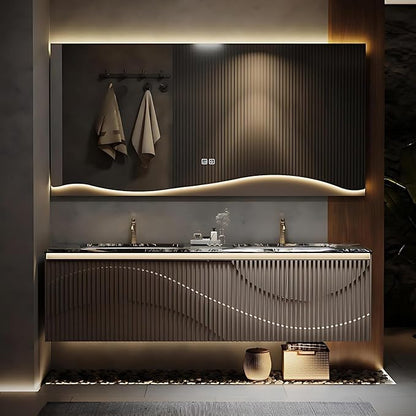 Double Sink Bathroom Vanity - Bathroom Vanities with Tops & Smart Defogging LED Lamp | Innovative Door Panel Design with Concealed Handle, Metal Faucet (Brown, 64IN)