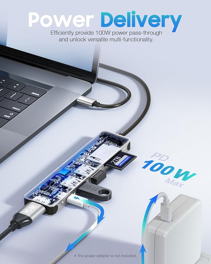 Hiearcool USB C Hub Multi-Port Adapter, 7-in-1 USB-C Dongle with 4K HDMI 100W PD SD/TF Card Reader, USBC Dock Compatible for MacBook Pro/Air Dell XPS Lenovo HP and Other Windows Laptops-Sliver White