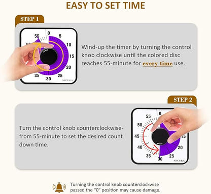 Secura 60-Minute Visual Countdown Timer, 7.5-Inch Oversize Classroom Visual Timer for Kids and Adults, Durable Mechanical Kitchen Timer Clock with Magnetic Backing (Purple)