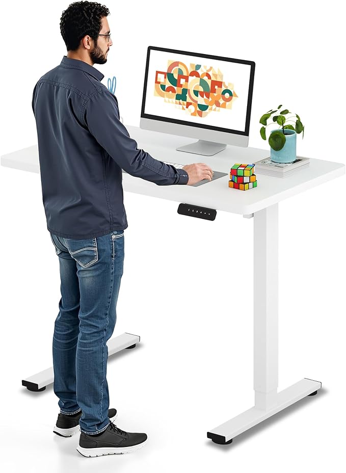 SANODESK Electric Standing Desk 48 x 24 Inches Whole-Piece Desktop Height Adjustable Stand Up Desk w/6-Button Controller Ergonomic Computer Desk for Home Office, White Frame + White Tabletop
