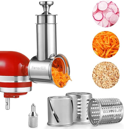 FavorKit Large Stainless Steel Slicer Shredder Attachment for KitchenAid Mixers, Dishwasher Safe Salad Maker, Cheese Grater Accessories with 3 Blades & 1 Knob Thumb Screw