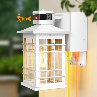 Porch Light with GFCI Outlets Built-in, Motion Sensor Dusk to Dawn Outdoor Light Fixture Wall Lantern, Aluminum Anti-rust Outside Wall Sconce Front Door, White Exterior Wall Light for Patio Garage