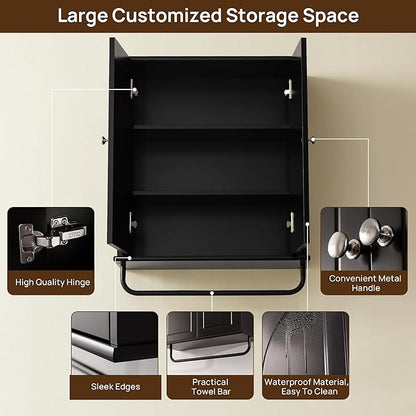 Bathroom Storage Cabinet with Adjustable Wood Shelves, Unique Arched Groove Design On The Door, Wall Mounted with Towels Bar, Over The Toilet Storage Cabinet with DTC Silent Buffering Hinge