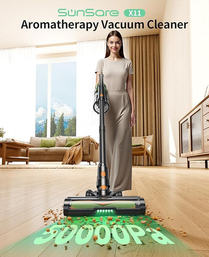 SunSare Cordless Vacuum Cleaner, 50KPa 600W 65Mins Vacuum Cleaner for Home, V-Anti-Tangle Stick Vacuum with Scented Tablet, Upgraded dust Emptying Cup, Vacuum Cordless for Pet Hair/Carpet/Floors