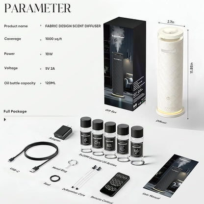 Waterless Scent Diffuser Starter Kit with 5 Oils, Luxury Hotel Style Cold Air Diffuser Oil Machine for Home, 1000 Sq Ft Coverage, Quiet Nebulizing Aromatherapy with Remote, Tower Fabric Design, Cream