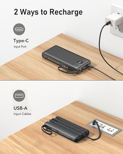 VEEKTOMX Portable Charger Built-in Cables, 20000mAh Power Bank for iPhone, Fast Charge USB C Battery Pack Travel Essentials Powerbank Compatible with iPhone 17/16/15/14, Samsung S25/24, Android, etc