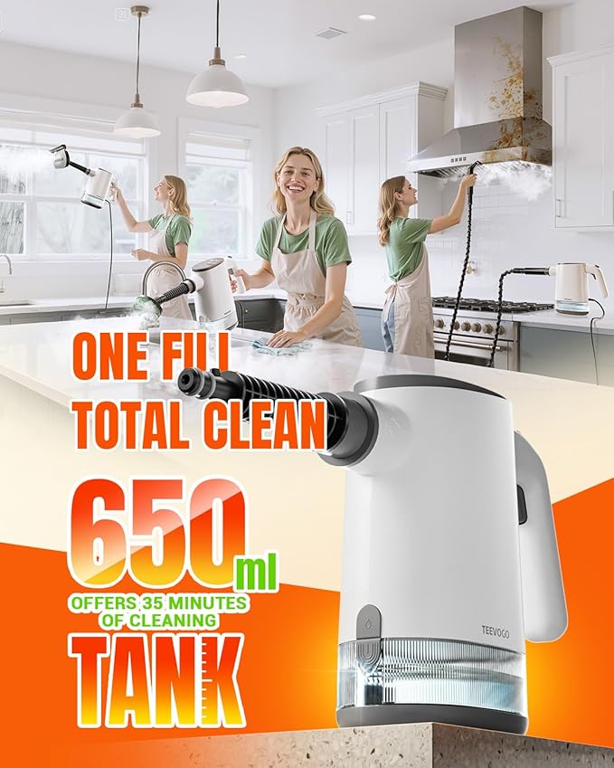 TEEVOGO Pressurized Steam Cleaner, 15s Instant Heat Handheld Steam Cleaner, Upgrade 650ML Tank, Lightweight Portable Steamer for Cleaning Home, Kitchen, Grout, Floor, Window, Car, Bathroom and Clothes