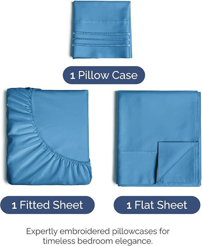 Twin XL Size 3 Piece Sheet Set - Comfy Breathable & Cooling Bed Sheets Set - Hotel Luxury Bedding for Women, Men, Kids, Teens, Boys & Girls - Deep Pockets, Soft, Wrinkle Free - Oeko-Tex - Denim Blue