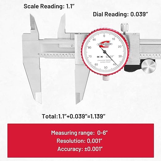 Standard Gage 0-6" Range SAE Dial Caliper Measuring Tool, Analog Precision Micrometer Caliper ±0.001" Accuracy, Manual Mechanical Metal Stainless Steel Measuring Dial with 4-Way Measurements