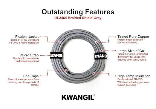KWANGIL 4C 14AWG AMESB Shielded Cable Wire (UL2464) - Flexible Str TC, PVC Ins, OS+Drain+TC BRD, PVC JKT for CNC Machine, Stepper Motor, VFD Spindle (Gray 100FT)