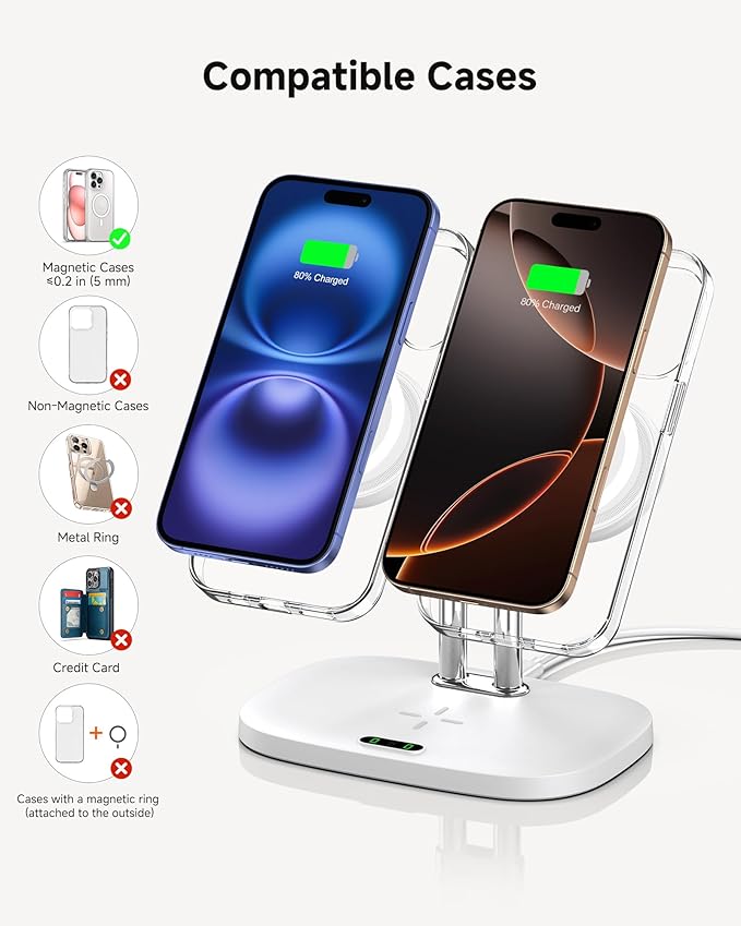 SwanScout Wireless Charger for iPhone Air/17, SwanScout 706M, Dual Magnetic Charger for iPhone 16/15/14/13/12 Series, Charging Station for AirPods Pro 3/2, AirPods 4/3rd (White)
