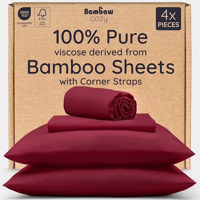 Bambaw 100% Viscose Derived from Bamboo Sheets California King Size Set – 4pcs Deep Pocket Cooling Sheets, Fits Up to 16'', Bedding for Night Sweats, Extra Soft Sheet Set (Burgundy)