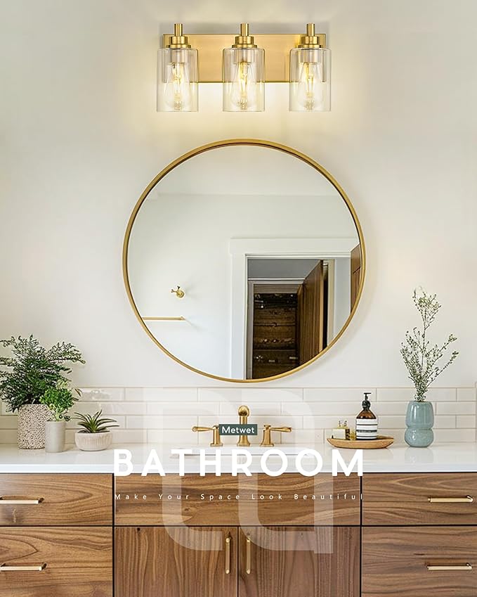 METWET 3-Light Bathroom Light Fixtures, Brushed Gold Vanity Light with Cylinder Clear Glass Shade, Modern Vanity Lighting Fixtures Over Mirror, VL143-BG-3
