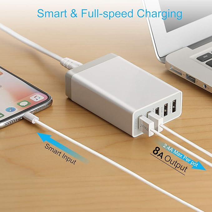 Desktop 5 Port USB Wall Charger 40W 8A, USB Hub Charging Station for Multiple Devices, Protable Multi Port USB Charger for Cell Phone, Tablet, Android Smart Phone and More