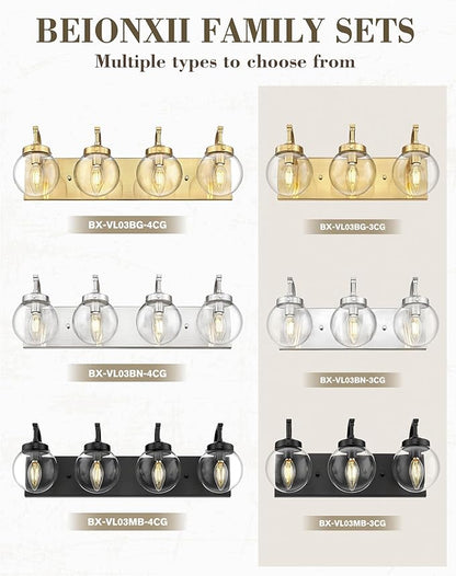Beionxii 4-Light Bathroom Vanity Light Fixtures, 3 Light Brushed Gold Bathroom Light Fixtures with Clear Glass Shade, Modern Wall Sconces Lighting Over Mirror, Living Room, Hallway, BX-VL03BG-4CG