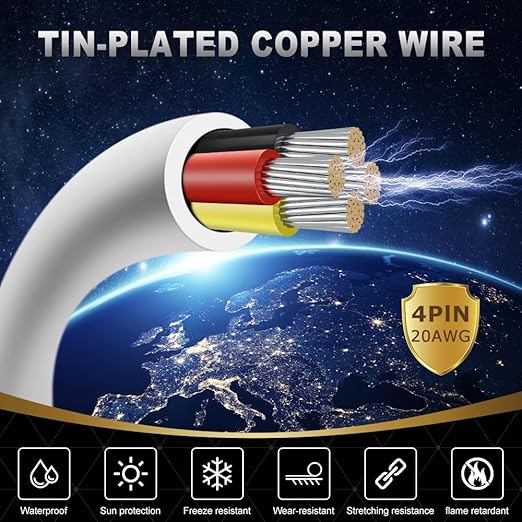 20 Gauge 4 Conductor Electrical Wire, 65.6FT White Stranded Low Voltage 20/4 PVC Case, 20 AWG Tinned Copper 4 Wire Extension Power for Strips LED Lamp Lighting