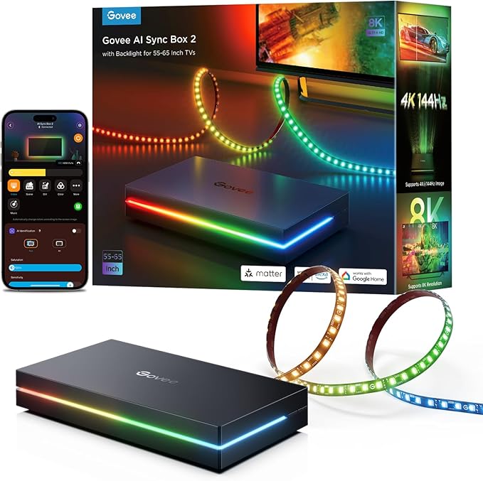 Govee HDMI 2.1 Sync Box 2, AI Sync Box with TV Backlight, Supports 8K@60Hz, 4K@144Hz, VRR and ALLM, Works with SmartThings, Matter and Alexa, RGBIC LED Light Strip for 55-65 inch TVs, 75 LEDs/m