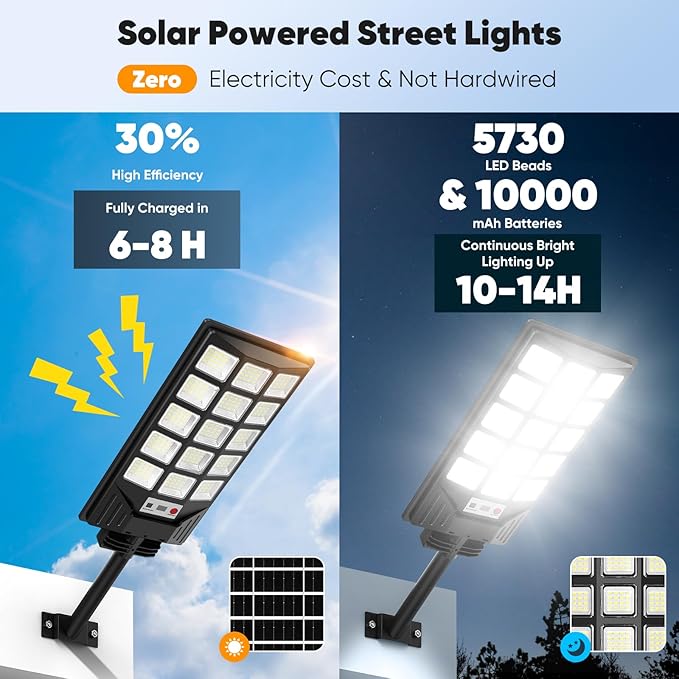 Solar Street Lights Outdoor Waterproof, 30000LM 6500K LED Motion Sensor Lights, Solar Flood Lights with Remote, Dusk to Dawn Solar-Powered Parking Lot Light, Commercial Area Lighting for Yard, 2-Pack