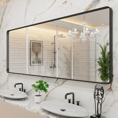 LOAAO 84x32 Inch Black Metal Framed Bathroom Mirror for Wall, Matte Black Bathroom Vanity Mirror Farmhouse, Large Rounded Rectangle Mirror, Anti-Rust, Tempered Glass, Hangs Horizontally or Vertically