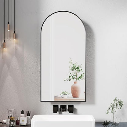 Black Arched Medicine Cabinet with Mirror, Arched Mirror Cabinet for Bathroom,Black Metal Edge Medicine Cabinet Surface Mount Only,Bathroom Arch Mirror Cabinet with Storage,16 x32 Inch