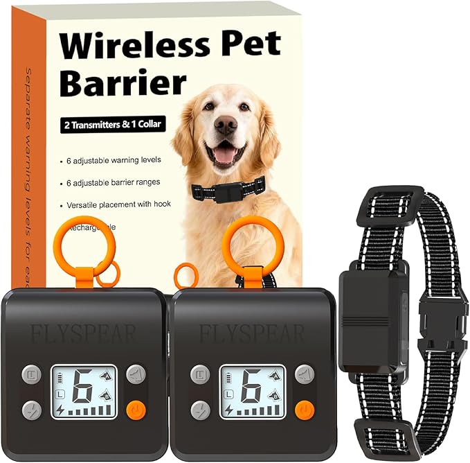 Wireless Pet Barrier with 2 Transmitters - Rechargeable Indoor Barrier with 6 Adjustable Range Radius up to 7 ft, 6 Adjustable Safe Static Intensity, Electric Fence System for Dogs with Hook-Black