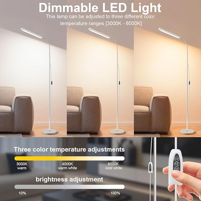 White LED Reading Floor Lamp, Bright 12W Dimmable Standing Light, Adjustable Gooseneck,3 Color Temperatures 5 Gears Brightness, Living Room Bedroom office Library Work makeup tattoo lash Desk Lamp