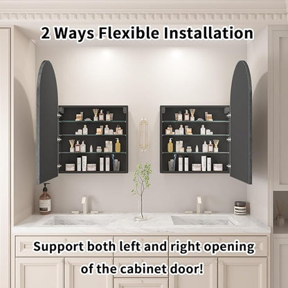 Arched Medicine Cabinet with Mirror,Bathroom Medicine Cabinet with Mirror Wall Mounted,Mirrored Medicine Cabinets with Adjustable Shelves,Not Recessed,24x36 Inch,Black