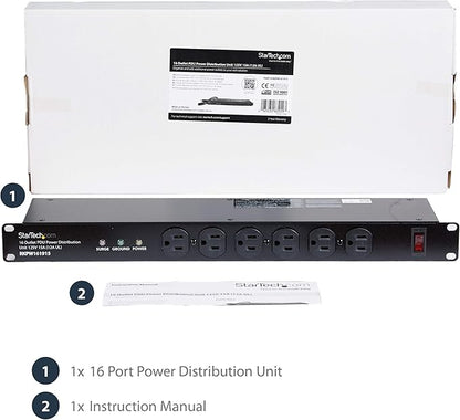 StarTech.com 16 Outlet Horizontal 1U Rack Mount PDU Power Strip for Network Server Racks - Surge Protection - 120V/15A - 6ft Power Cord (RKPW161915)