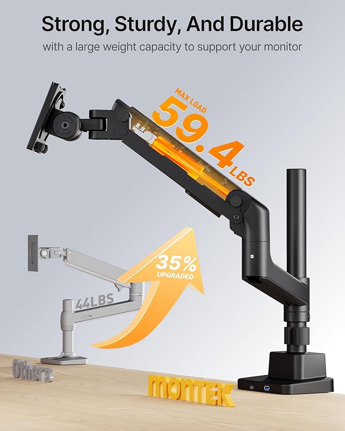 monTEK Heavy-Duty Single Monitor Arm for 17-57 inch, up to 59.4lbs Ultrawide Screens,Gas Spring Dual Curved Adjustable Monitor Stand for Desk,75/100mm VESA Mount with USB，Black