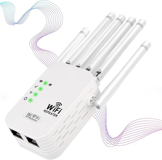 WiFi Repeater, WiFi Extender Signal Booster for Home, 9,880 sq ft Coverage, Repeater/AP Mode, 6 Antennas, WPA2, Ethernet Port, Supports 150+ Devices, White 1PCS