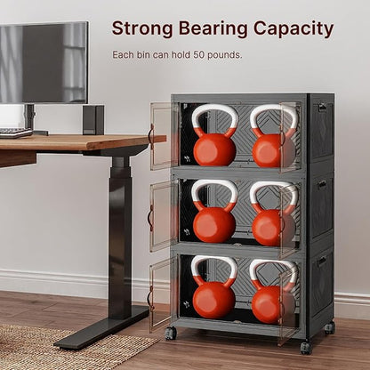 Extra Large Stackable Storage Bins with Lids & Wheels, 165QT-55QT/14GAL*3Pack Foldable Collapsible Closet Organizers Dark Storage Cabinet with Doors for Bedroom Dorm