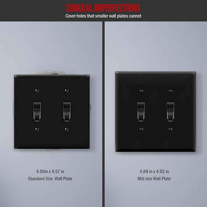 ENERLITES Double Light Wall, Toggle Switch Plate, 2-Gang Mid-Size 4.88" x 4.92", Unbreakable Polycarbonate Thermoplastic, UL Listed, 8812M-BK, Black