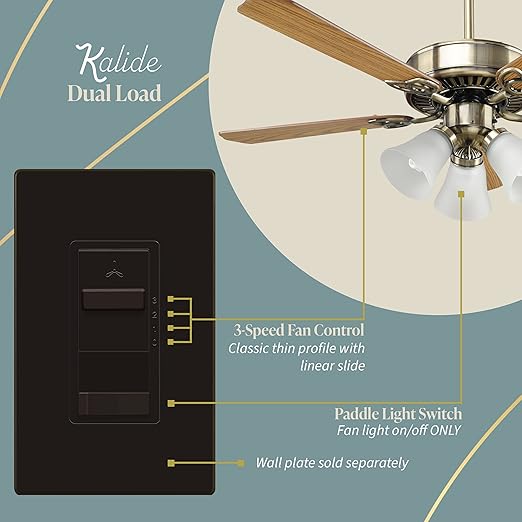 TOPGREENER Kalide Light Switch and 3-Speed Ceiling Fan Control Combo, in Wall Light and Fan Combination Switch, Single Pole, 2.5A, 720W, Neutral Wire Not Required, TGSFS3-BR, Brown
