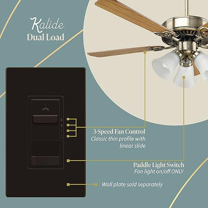 TOPGREENER Kalide Light Switch and 3-Speed Ceiling Fan Control Combo, in Wall Light and Fan Combination Switch, Single Pole, 2.5A, 720W, Neutral Wire Not Required, TGSFS3-BR, Brown