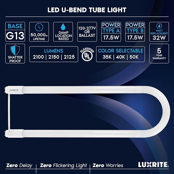 Luxrite U Bend LED Tube Light, T8 T12, 17.5W (32W Equivalent), 3 Colors 3500K | 4000K | 5000K, 2100 Lumens, Fluorescent Light Tube Replacement, Direct or Ballast Bypass, UL Certified, G13 Base, 6-Pack