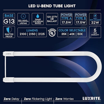 Luxrite U Bend LED Tube Light, T8 T12, 17.5W (32W Equivalent), 3 Colors 3500K | 4000K | 5000K, 2100 Lumens, Fluorescent Light Tube Replacement, Direct or Ballast Bypass, UL Certified, G13 Base, 6-Pack