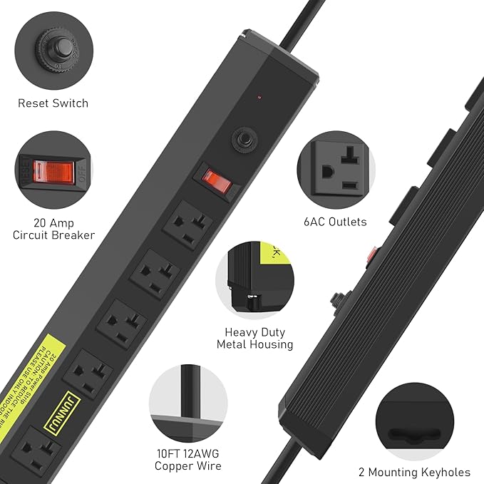 JUNNUJ 20 Amp Power Strip Heavy Duty 2 Pack,Heavy Duty 20 Amp Surge Protector 4800J, Garage Metal 6 Outlets 12 Gauge Extension Cord 10ft
