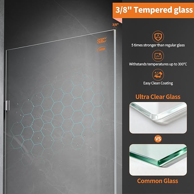 Shower Glass Panel, 36" W x 78.75" H Fixed Shower Screen Panel with 3/8"(10mm) SGCC Ultra Clear Tempered Glass, Frameless Walk in Shower Door with Easy‑Clean Coating (Chrome, 36" W x 78.75" H)