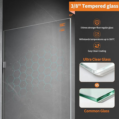 Shower Glass Panel, 36" W x 78.75" H Fixed Shower Screen Panel with 3/8"(10mm) SGCC Ultra Clear Tempered Glass, Frameless Walk in Shower Door with Easy‑Clean Coating (Chrome, 36" W x 78.75" H)