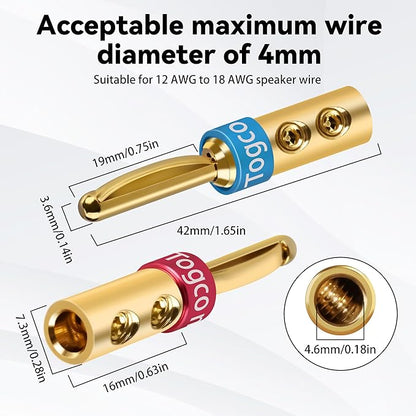 4mm Speaker Banana Plugs (2Pairs, 4 Pcs),24K Gold Plated Banana Speaker Wire Banana Plugs Connectors for Speaker Wire, Wall Plate, Home Theater, Audio/Video Receiver, Amplifiers and Sound Systems