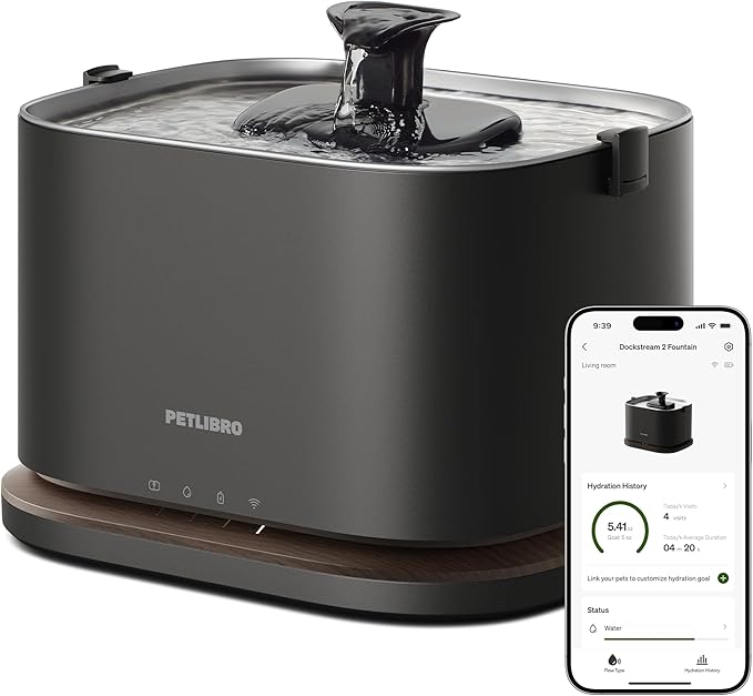 PETLIBRO Upgrade Cat Water Fountain, Cordless Cat Fountain Battery Operated, App Monitoring 3L/101oz Dockstream 2 Pet Water Fountain with Stainless Steel Tray, 5GHz WiFi Dog Water Bowl Dispenser