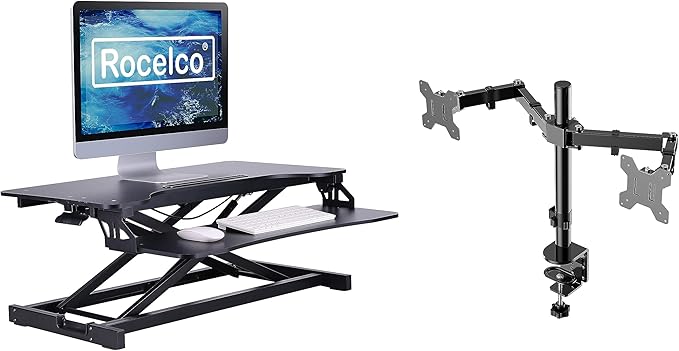 Rocelco Standing Desk Converter with Dual Monitor Mount - 31.5 Inch Sit Stand Up Tabletop Riser with Tablet Holder, Height Adjustable Workstation - Deep Keyboard Tray for Laptop - Black (R VADRB-DM2)